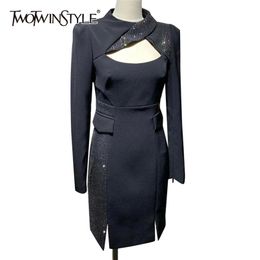 Vintage Hollow Out Black Dress For Women O Neck Long Sleeve High Waist Patchwork Diamond Splt Dresses Female 210520