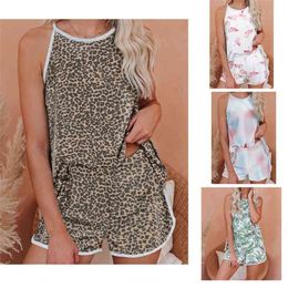 Summer Tie-dye Pyjamas Suit Leopard Print Hanging Neck Casual Round Sleeveless Tops Shorts Two-piece 210517