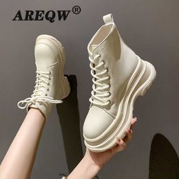 Punk Style Autumn Winter Boots Women Heel Ankle Boots Lace Up Thick Bottom Booties Luxury Designer Shoes Plus Size Y1018