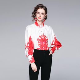 Women's Blouses & Shirts Willstage 2021 Women Long Sleeve Red Floral Pattern Blouse Lantern Elegant Female Button Tops