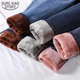 High Waist with Fleece Trousers Women's Winter Korean Style Slim Thicken Plus Fleece Jeans for Outer Wear Skinny Pantalon 11993 210527