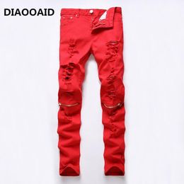 Men's Jeans 2021 High Street Fashion Sale Knee Zipper Destroyed Ragged Hole Male Club Denim Fabric Stretch Trousers 4 Colors