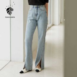 FANSILANEN Office Lady 100% Cotton Light Colour High Waist Jeans Women Summer Split Straight Loose Pants Clothes 210607