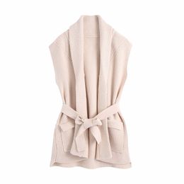 Casual Woman Belt Knitted Sleeveless Coat Fashion Ladies Autumn Vest Sweater Outerwear Female Camel Soft Jackets 210515