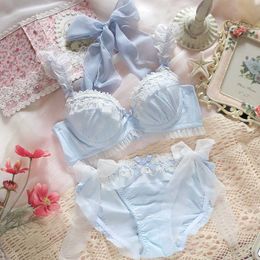 Briefs Panties Soft Sister Fresh Lolita Lace Trim Blue Underwear Set Cute Ruffle Bowknot Bandage Push-Ups Lingerie Womens Bra Brief Set L2304