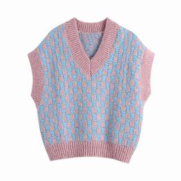 Sweet Woman Pink-Blue Plaid Patchwork Knitted Vest Spring Casual V Neck Sleeveless Sweaters Girls Cute Loose Tank 210515