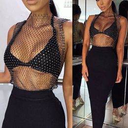 Women SleevelMesh Rhinestone Partywear Tank Tops Sexy See Through Crystal Shining Crop Tops T-shirts Clubwear Streetwear X0507