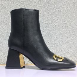 Top Quality Fashion Luxury Heels Women Boot Square Toes Genuine Leather Button High heeled Coarse heel 7.5CM shoes lady Shoe Large Size US11 35-41 Wome