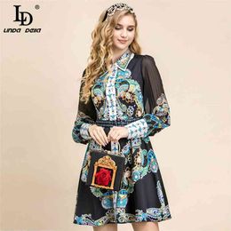 Autumn Fashion Runway Elegant Dress Women Long sleeve Beading Sashes Floral print Vintage Shirt style Mini 210522