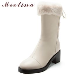 Natural Genuine Leather Women Boots Platform High Heel Mid Calf Lace Up Thick Shoes Ladies Winter White 210517