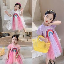 Ins Girls Rainbow Dress Children Tulle Mesh Sundress Clothing Short Sleeve Cotton Gown 210529