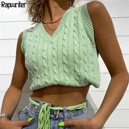 Casual Solid Y2K Geometric Pattern Knitted Sweater Vest Preppy Style V Neck Cropped Tank Top Female 90s Knitwear Autumn Winter 210806