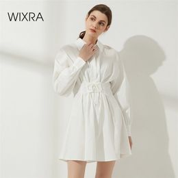 Wixra Lace Up Dresses Womens Turn-Down Collar Empire White Short Clothing Cotton Shirts Summer Autumn 210915