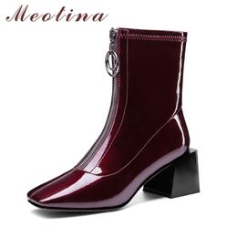 Genuine Leather High Heel Ankle Boots Women Shoes Square Toe Thick Heels Zipper Ladies Short Wine Red Autumn 40 210517