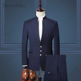 Thorndike Men Suit Chinese Style Stand Collar Suit Male Wedding Groom Slim Fit Standerd Size Blazer Set Tuxedo(Jacket+Pant) X0909