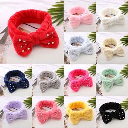 2021 Elegant Pearl Coral Fleece Bow Hairbands for Women Girls Headbands wash Face Makeup Hair Bands Turban Hair Accessories