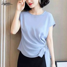 Summer Silk Short-Sleeved Women's Blouse and Tops Office Lady Plus Size Solid Bow Shirts Women Blusas Mujer De Moda 9899 210323