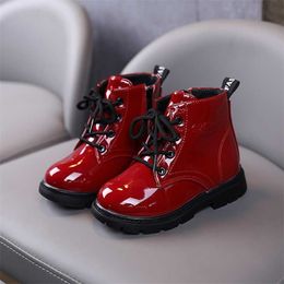 Winter Pu Leather Girls Boots Shoes Rubber Sole Flat With Boys And Kids Fashion Size 21-30 Baby 211227