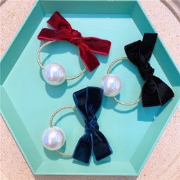 2021 New Fashion Kids Hair Accessories Children's Simple Velvet Bow Imitation Pearl Rubber Band Hair Rope Sweet Girl Headdress