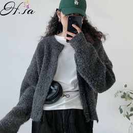 H.sa Fall Solid Winter Cardigans Slimming Elegance Retro Korean Style Knitted Cardigan Sweater Coat for Women 210716