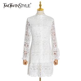 Elegnat White Lace Women Dress Stand Collar Lantern Long Sleeve High Waist Perspective Dresses Female Fashion 210520