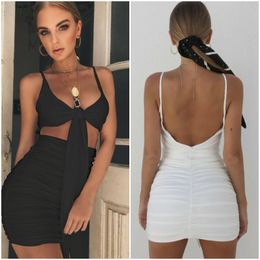 Bow Tie Wrap Chest Ruffled Sling Dress Hollowed Sexy Night Club Party Clothes Backless Bandage Women Mini Dress Skinny Vestidos 210507