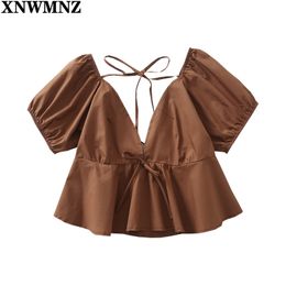 Brown Women Blouse Vintage Summer Shirt Deep V Neck Female Ruffle Top Lace-Up Backless Sexy Puff Sleeve s 210520