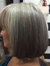 Silver Grey Short Bob Wig with Bangs Straight salt n pepper human hair Wigs for Women Daily Use (Grey)