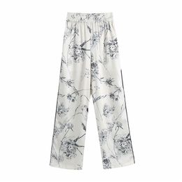 Causal Women Sketch Print Pants Fashion Ladies White Satin Straight Trousers Streetwear Female Chic Pocket 210430