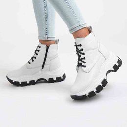 Callizio Women Genuine Leather 2021 Sport Ankle High Heel Laced Platform Comfortable Fashion White Boots Sneakers Winter Female Autumn Y1209