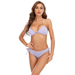 Ribbed Swimsuits Ladies Micro Purple Bathing Suit Bikini Brazilian Set Bandage Low Waist Lace Up Swimwear Women Two Pieces Suits 210520