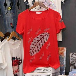 Hiawatha Red/White/Black Summer Short Sleeve T-Shirt Women's Fashion Feather Hot Drilling Tops Tees TX078 210322