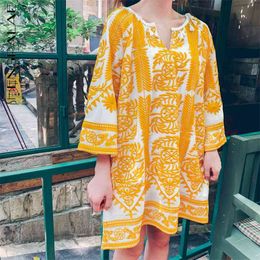 Yellow Embroidery Beach Dress Women's Summer V-neck Loose Half Sleeve Above Knee Dresses Female Tide 5E281 210427