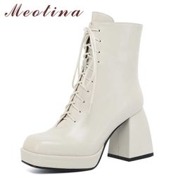 Meotina Women Short Boots Shoes Zipper Platform Extreme High Heel Ankle Boots Square Toe Thick Heels Lace Up Lady Boots Size 43 210608