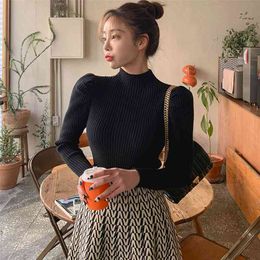 spring style all-match slimming solid color puff sleeve bottoming wool sweater women aesthetic sweater 210522