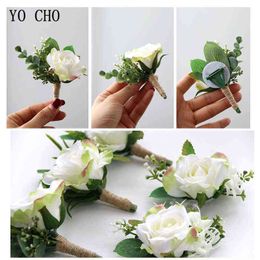 Gifts for women YO CHO Wedding Planner Roses Artificial Silk Flower Wrist Corsage Bracelet Groom Boutonniere White Wedding Men Marriage Flowers