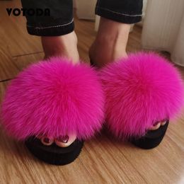 Summer Women Real Fox Fur Slippers High Heel Slides Female Fluffy Sandals Casual Flip Flops Fashion Ladies Wedge Shoes 0227