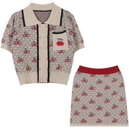 2021 Summer Women's Two Piece Dress Designer Pullover Short Sleeve Lapel Cherry Embroidery Beaded Knitted Top and Half Skirt Two-piece Suit