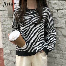 Jielur O-Neck Women's Sweater Loose Pullovers Ladies Soft Striped Zebra Chic Korean Knitted Sweaters Casual Tops Winter Harajuku 211217