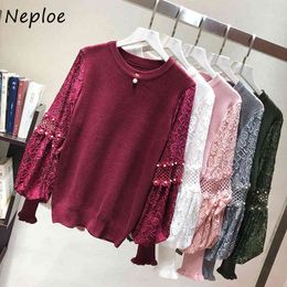 Neploe Autumn Chic Beading Women Sweaters Hollow Out Lace Patchwork Lantern Sleeve Pullovers Casual Vintage Knitted Tops 210423