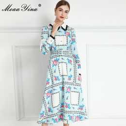 Fashion Designer dress Spring Women's Dress Long sleeve Vintage Floral-Print Belt Midi Dresses 210524
