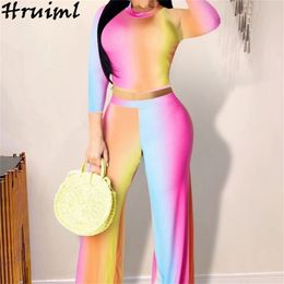 Two Piece Set Women Tie Dye Rainbow Print O Neck Crop Elastic Waist Full Length Wide Leg Pants Autumn Casual Streetwear Clothes 210513