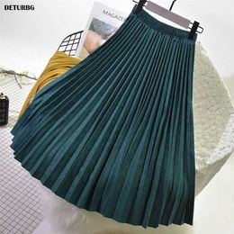 Womens Elegant Suede Pleated Midi Skirt Female High-Quality Elastic High Waist Thick Warm Skirts Saias Autumn Winter SK394 211120