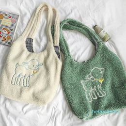 School Bags Lamb Like Fabric Shoulder Bag Women Embroidery Canvas Tote Handbags Large Capacity Shopper For Girls