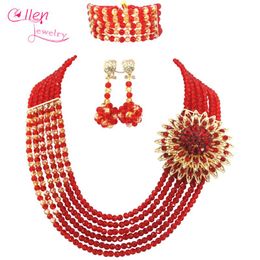 Earrings & Necklace Radiant Red 6 Rows African Nigerian Wedding Crystal Beads Necklaces Bracelet Bridal Jewellery Set WS5085