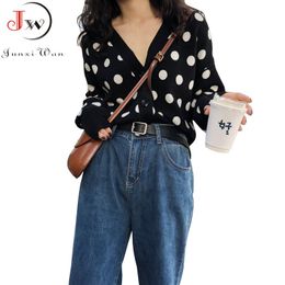 Women Cardigans Sweater V neck Black Polka Dot Knitwear Casual Knitted Cardigan Outwear Autumn Winter Jacket Coat 210510