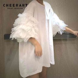 CHEERART Summer Oversized T Shirt Women Short Sleeve Mesh Top Cotton Tees Shirt Femme Puff Sleeve Top Korean Streetwear 210324