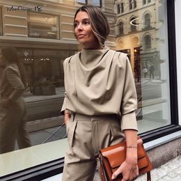 Mnealways18 Draped Solid Khaki Tops And Blouses Spring Elegant Office Blouse Women Ruched Work Top Long Sleeve Ladies Shirt 210317