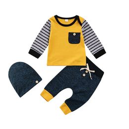 2021 New Autumn and Winter 3-piece Striped Baby Cotton Long Sleeve t Shirt Pants with Hat Outfit Toddler Boy Clothes Sets G1023