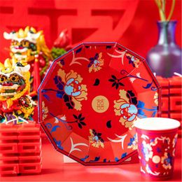 paper suppliers NZ - Disposable Dinnerware Chinese Style Red Print Tableware Set Party Paper Plates Birthday Wedding Christmas Decor Suppliers